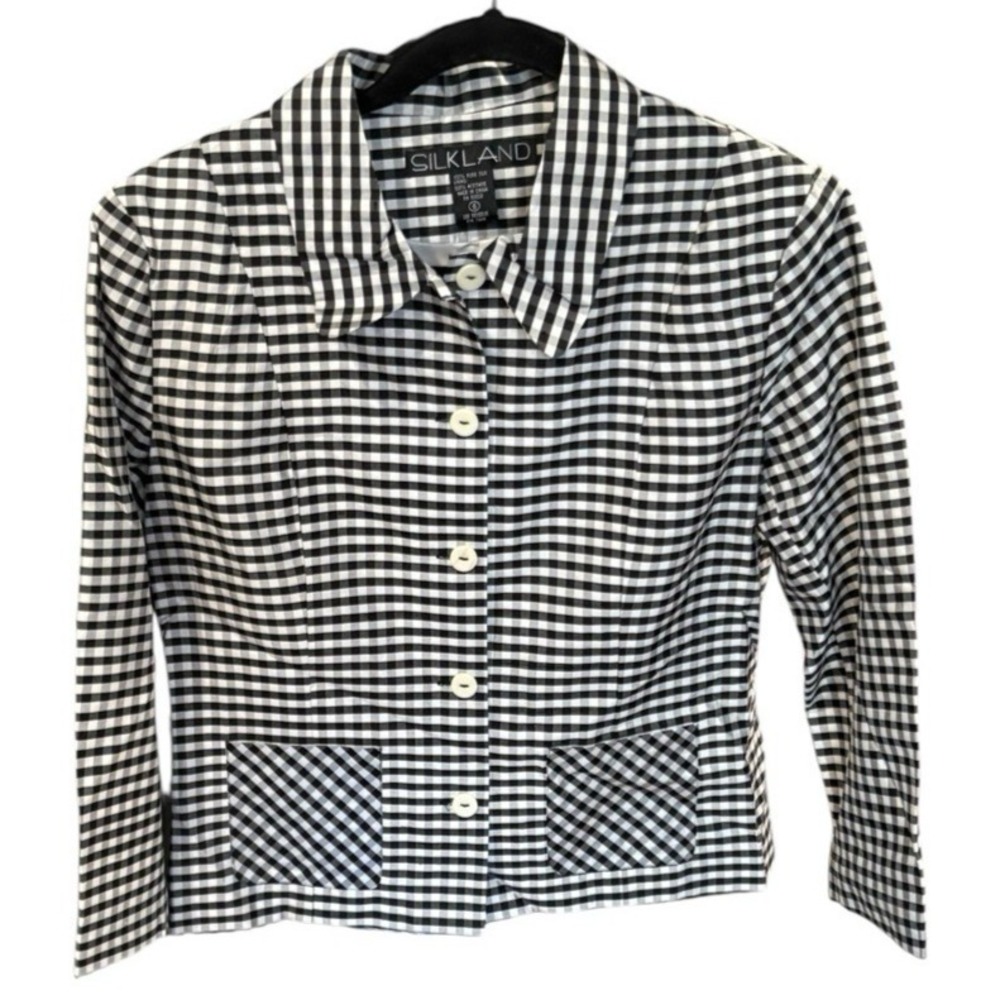 Silkland Blazer Jacket 6 Black White Gingham Check Women's 100% Silk Pockets VTG